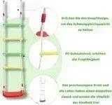 Hanging rope ladder with stacked round green and yellow plastic discs and red base
