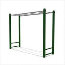 Kids monkey bar climbing frame with green vertical posts and horizontal bars