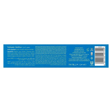 Closeup toothpaste box back panel with ingredients text and barcode