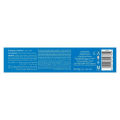 Closeup Icy White Toothpaste Winterblast pack blue product back label showing ingredients and usage instructions and barcode