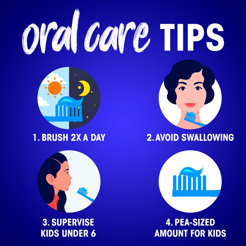 Closeup Icy White Toothpaste Winterblast pack advertisement poster with oral care tips brush twice daily avoid swallowing