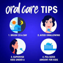Closeup oral care tips infographic with brushing and swallowing guidance
