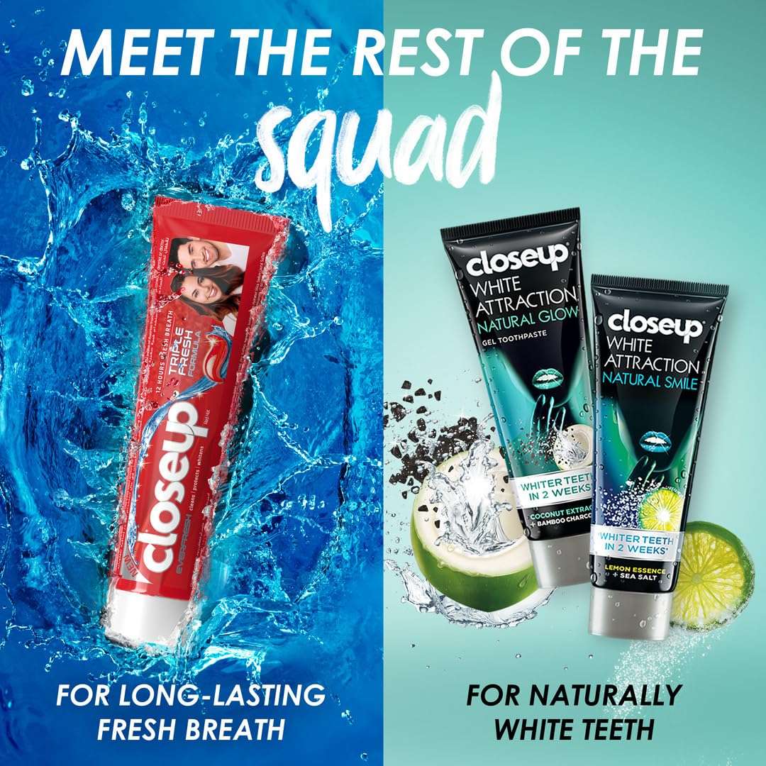 Closeup Icy White Toothpaste Winterblast pack showing red Closeup gel tube in splash and two White Attraction tubes with lime