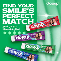 Closeup Triple Fresh Gel Toothpaste assorted pack showing four colorful tubes and smiling couple on packaging