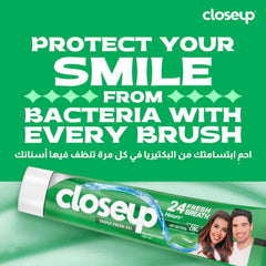 Closeup Triple Fresh Gel Toothpaste tube in green packaging showing 24 hour fresh breath and smiling couple