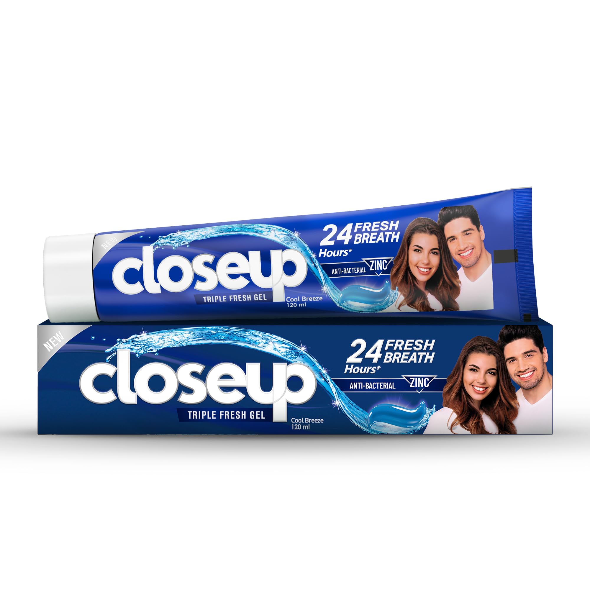 Closeup Triple Fresh Gel Toothpaste tube and box in blue packaging showing 24 hour fresh breath and smiling couple