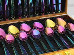 Huitich steel modern rainbow spoon fork knife set with iridescent colorful finish in wooden box