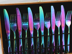 Huitich modern rainbow spoon fork knife set steel cutlery in colorful iridescent finish in wooden box