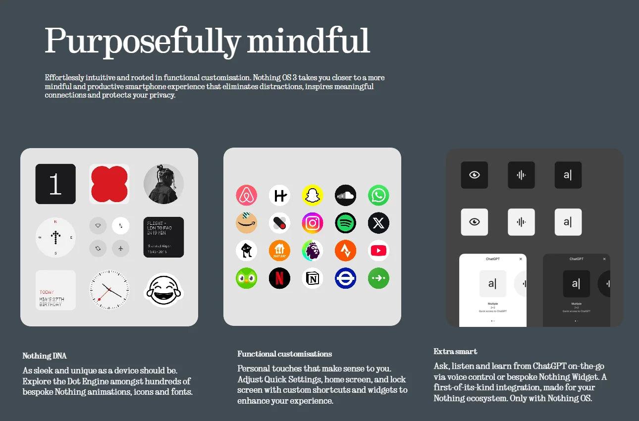 CMF Phone 2 Pro 5G Global Version marketing banner showing Purposefully mindful header with three UI mockups and app icons