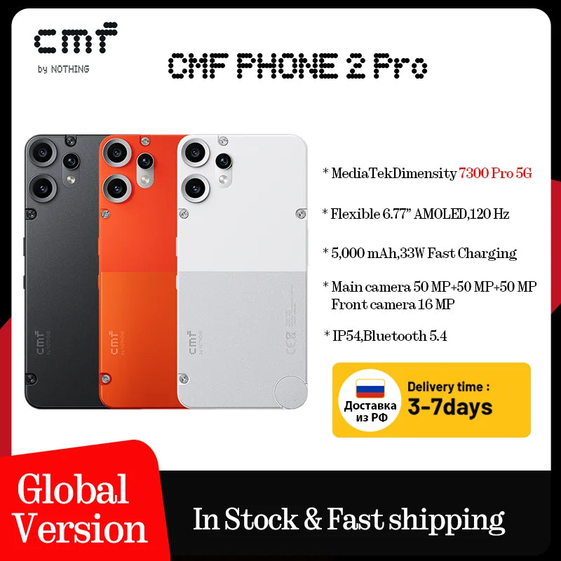 CMF Phone 2 Pro 5G Global Version rear view in black orange and white showing triple cameras and textured back