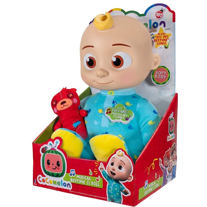 Huitich Cocomelon stuffed doll gift featuring a soft body baby doll in blue pajamas with a red plush toy