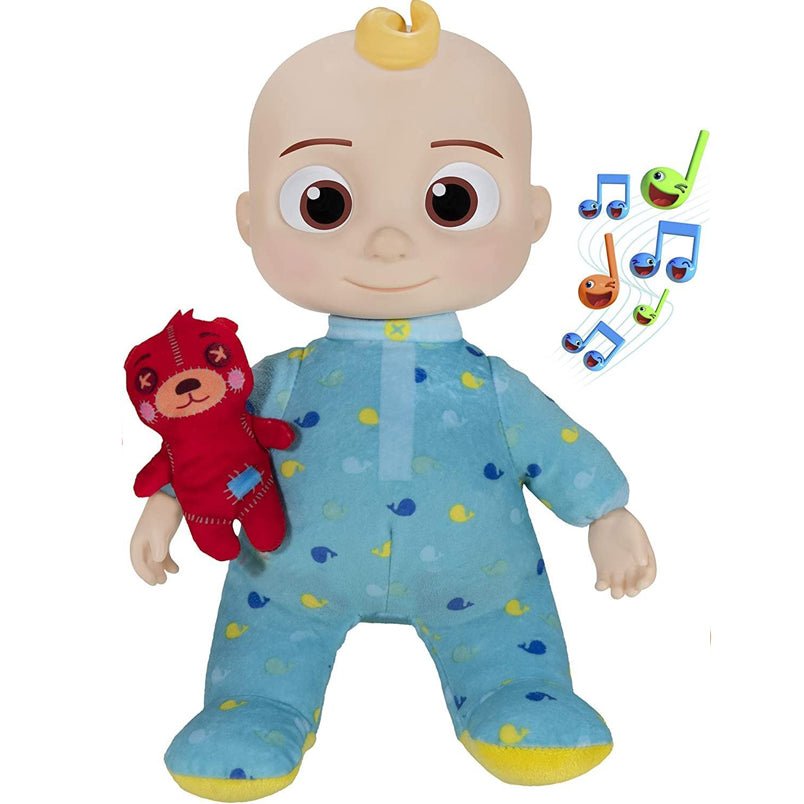 Huitich Cocomelon stuffed doll gift featuring a baby in blue pajamas holding a red teddy bear plush