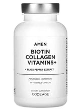 Biotin collagen vitamins supplement bottle with Amen label, 90 vegetable capsules