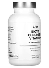 Dietary supplement bottle with back label text for Amen Biotin Collagen Vitamins+