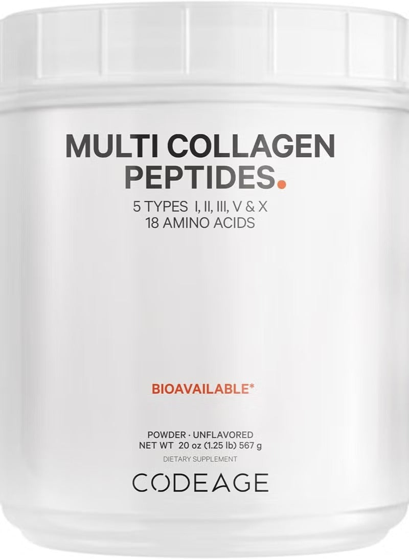 Codeage multi collagen peptides powder in an unflavored 20 oz container with 5 collagen types