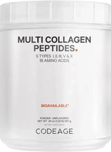 White supplement jar labeled Multi Collagen Peptides, Bioavailable, CODE AGE