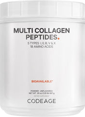 Codeage multi collagen peptides powder in an unflavored 20 oz container with 5 collagen types