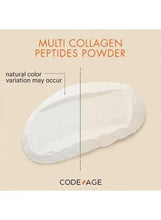 Scoop of white multi collagen peptides powder with CODE AGE label and notes