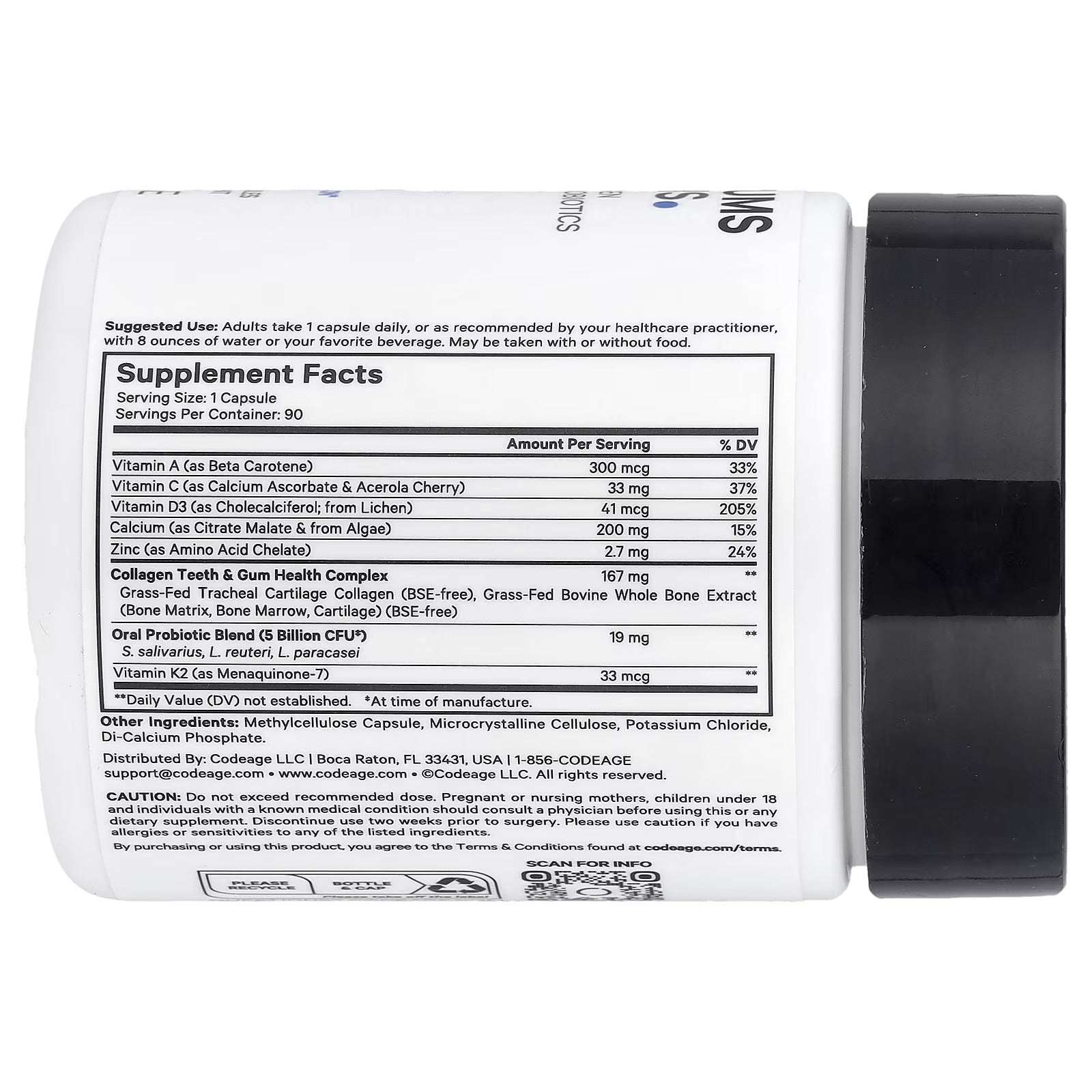 Codeage teeth and gum vitamins supplement bottle with detailed supplement facts label