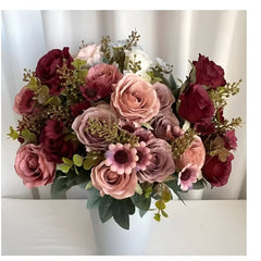 Huitich coffee colored faux roses bouquet with pink and burgundy flowers in white vase