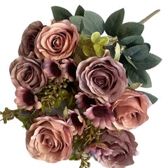 Huitich coffee colored faux roses bouquet with realistic green leaves and accent flowers