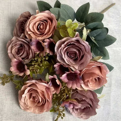 Huitich coffee colored faux roses bouquet with green leaves and small accent flowers