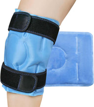 Knee ice pack with blue gel pad and black compression straps on a leg