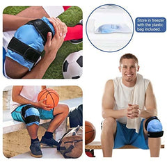 KASTWAVE blue reusable gel ice pack for knee injuries with adjustable Velcro strap wrap and freezer bag