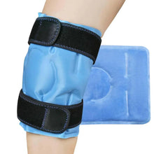 Knee ice pack with blue gel pad and black strap supports