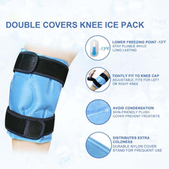 Blue double cover knee ice pack with adjustable straps on leg by KASTWAVE ice pack for knee injuries