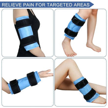 Adjustable knee ice pack compression wrap with blue gel pads and black straps