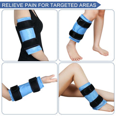 KASTWAVE blue adjustable ice pack for knee injuries wrap with Velcro straps shown on knee arm and ankle