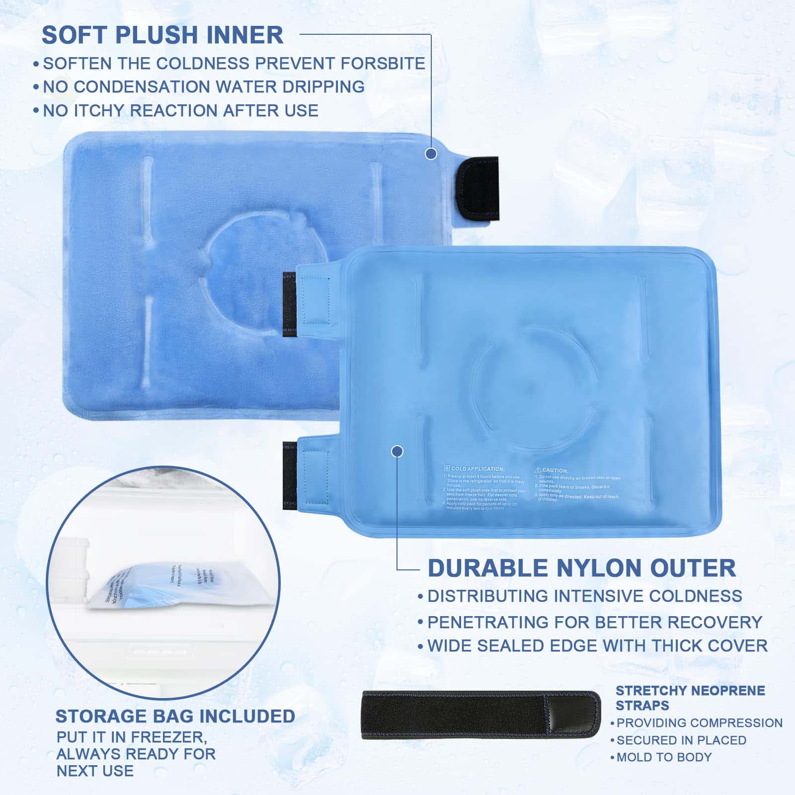 KASTWAVE reusable blue gel ice pack for knee injuries with soft plush inner and neoprene strap