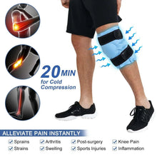 Knee compression ice pack wrap with blue pad and black straps on leg
