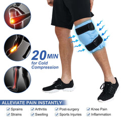 KASTWAVE blue wrap cold compression knee wrap with adjustable straps worn on leg ice pack for knee injuries