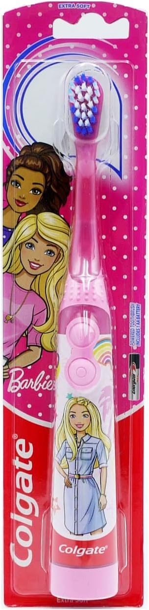 Colgate packaged pink Barbie kids electric toothbrush with round brush head and Barbie character graphics