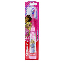 Colgate Barbie kids electric toothbrush in pink blister pack with Barbie illustrations and soft bristles