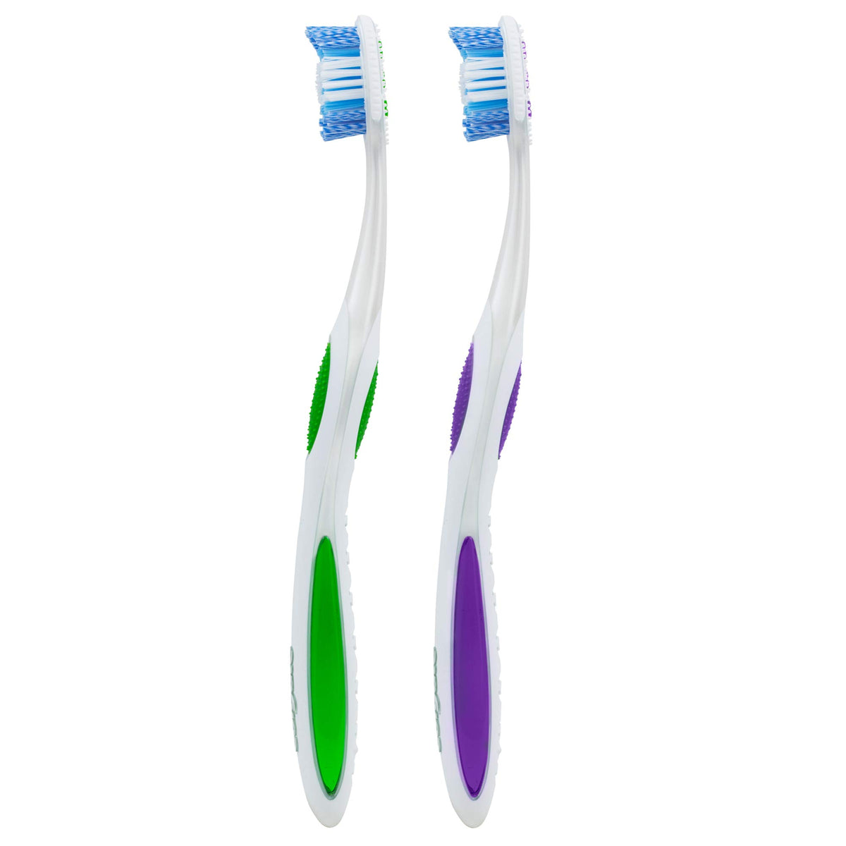 Colgate 360 optic white toothbrush two angled white handles with green and purple grips and blue bristles