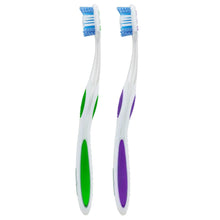 Soft bristle toothbrushes with blue bristles and white handles, green and purple grips