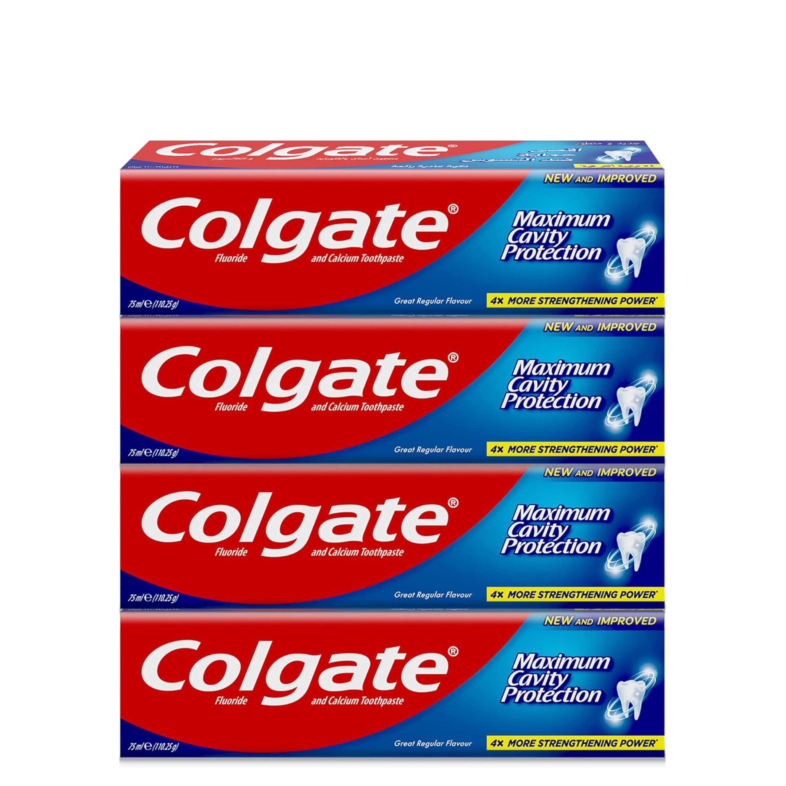 Four pack Colgate cavity protection toothpaste boxes in red and blue packaging showing maximum cavity protection
