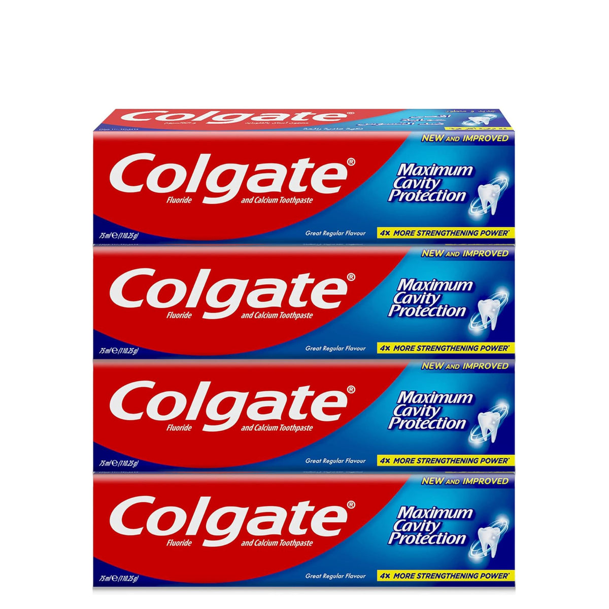 Four pack Colgate cavity protection toothpaste boxes in red and blue packaging showing maximum cavity protection