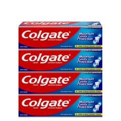 Four pack Colgate cavity protection toothpaste boxes in red and blue packaging showing maximum cavity protection