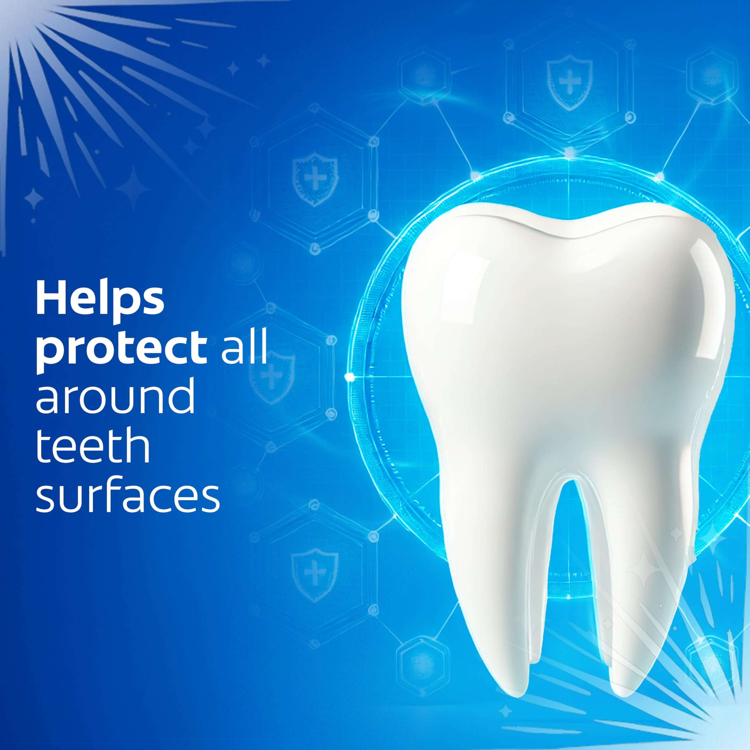 Colgate cavity protection toothpaste ad showing a large white tooth on blue background emphasizing all around protection