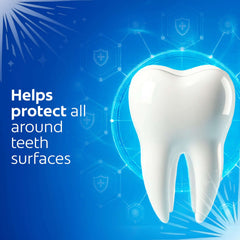 Colgate cavity protection toothpaste ad showing a large white tooth on blue background emphasizing all around protection