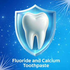 Colgate cavity protection toothpaste packaging concept showing a protected tooth on blue shield background
