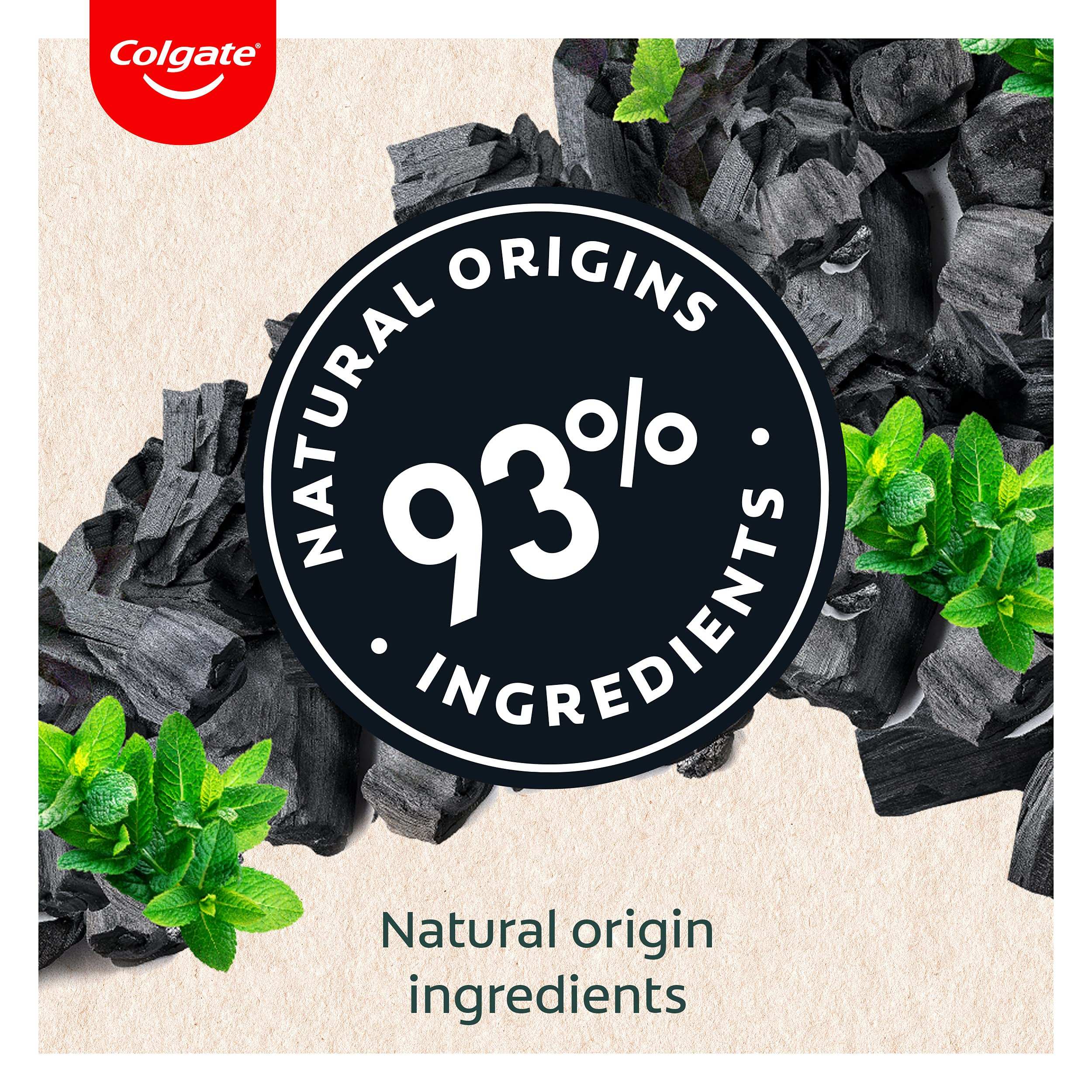 Colgate charcoal toothpaste UAE packaging showing charcoal chunks and mint with 93 percent natural origin ingredients badge
