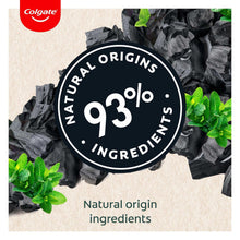 Toothpaste 93% natural origin ingredients badge with charcoal chunks and green leaves.