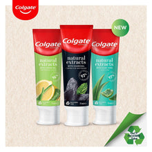 Toothpaste tube trio with natural extracts: charcoal and aloe vera, 75 ml each.