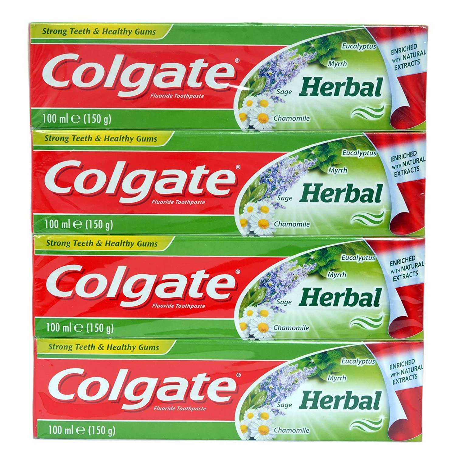 Colgate Herbal Toothpaste pack UAE showing four stacked 100 ml Colgate Herbal boxes with chamomile and eucalyptus