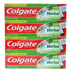 Colgate Herbal Toothpaste pack UAE showing four stacked 100 ml Colgate Herbal boxes with chamomile and eucalyptus